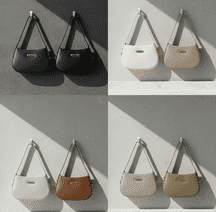 Minimalist crescent shoulder bags hanging on wall hooks in dark green, black, white, beige, pink, brown, taupe, and sage green.