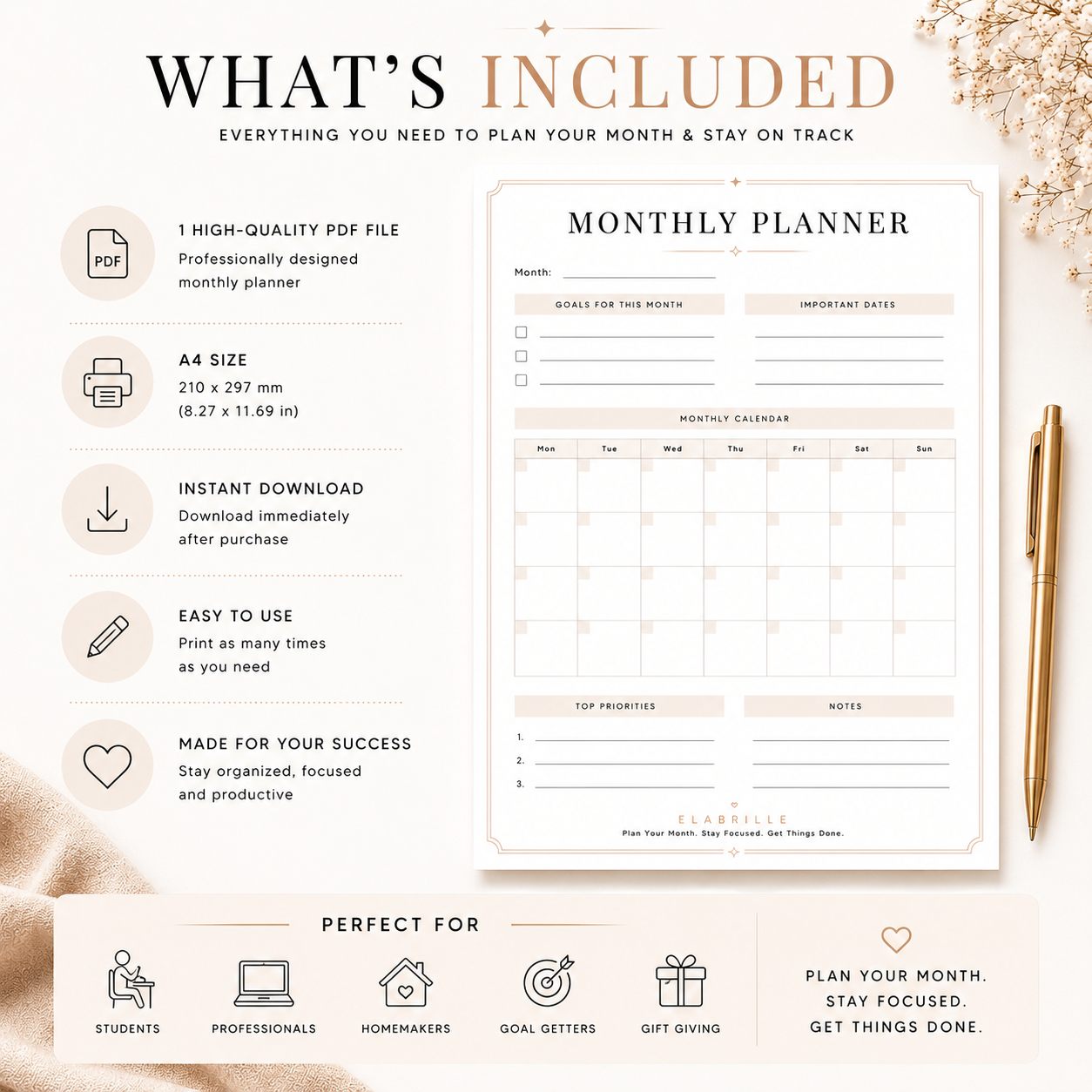 Minimal Monthly Planner Printable PDF