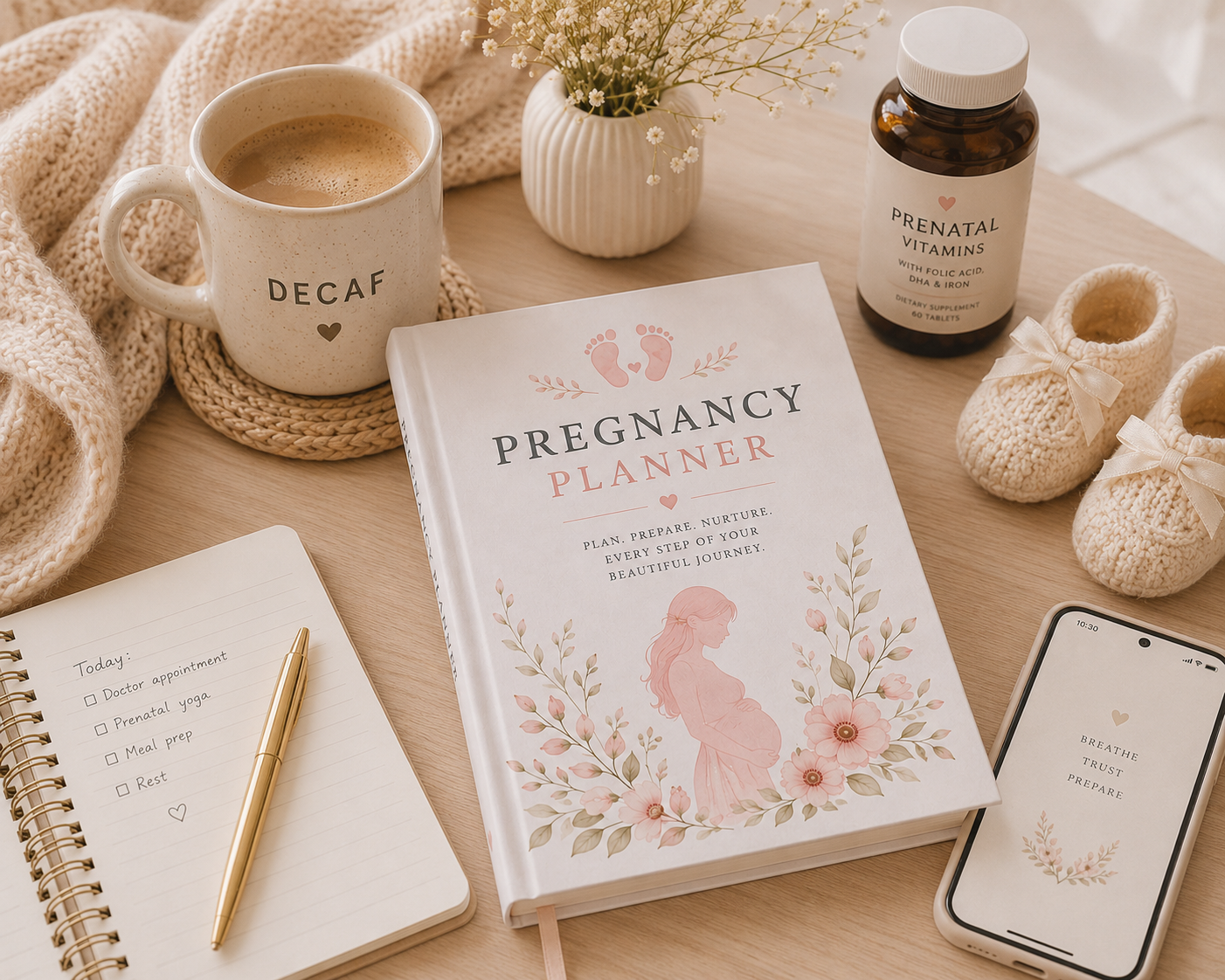Pregnancy Planner Printable PDF featuring pregnancy journal, prenatal appointment tracker, birth plan, baby budget planner, hospital bag checklist, baby shopping list, and milestone tracker.