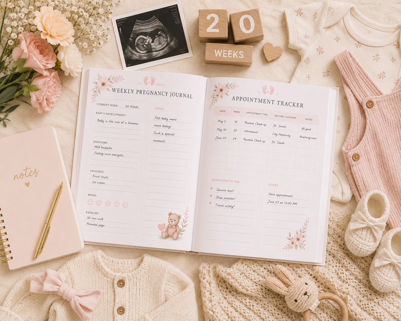 Pregnancy Planner Printable PDF featuring pregnancy journal, prenatal appointment tracker, birth plan, baby budget planner, hospital bag checklist, baby shopping list, and milestone tracker.