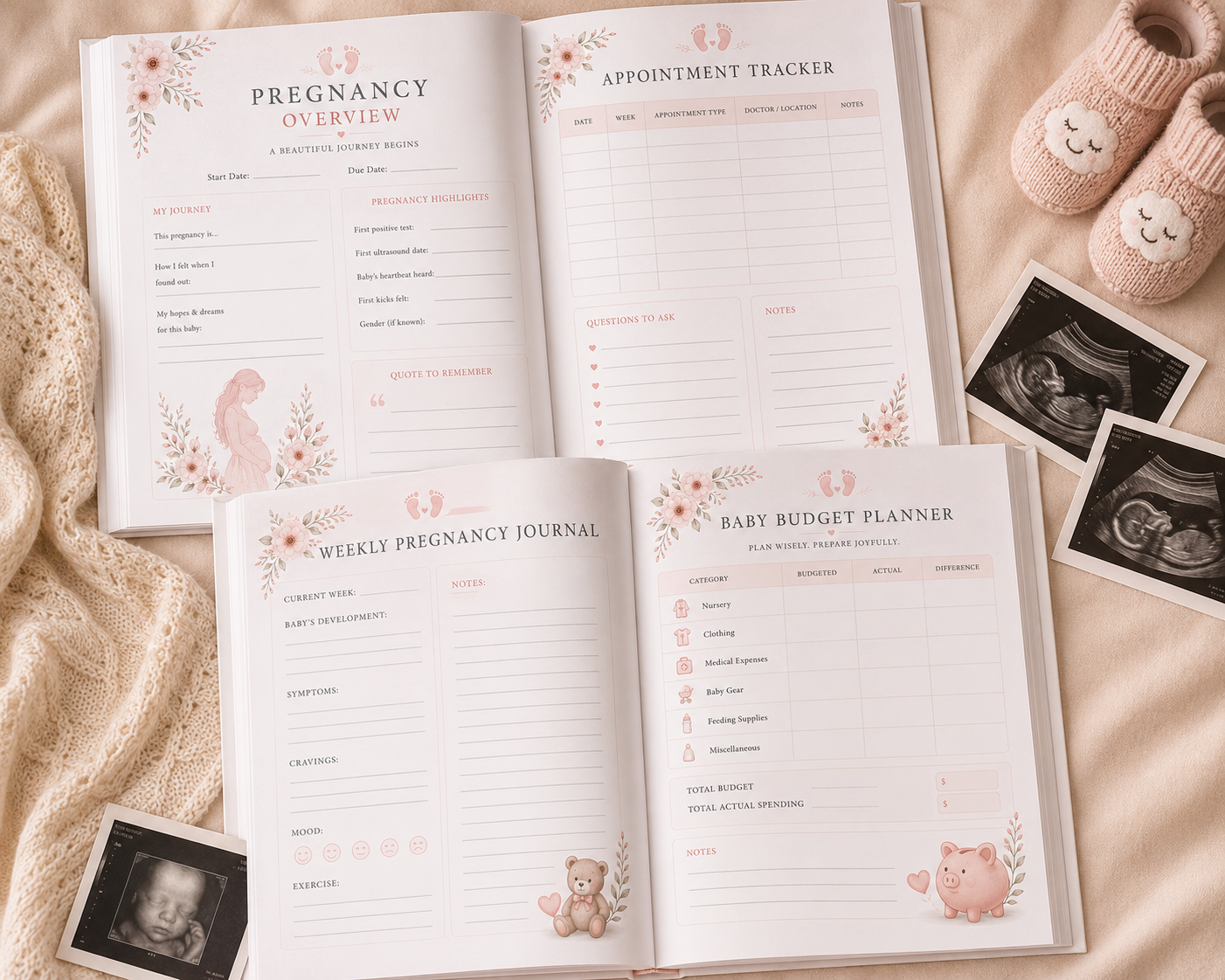 Pregnancy Planner Printable PDF featuring pregnancy journal, prenatal appointment tracker, birth plan, baby budget planner, hospital bag checklist, baby shopping list, and milestone tracker.
