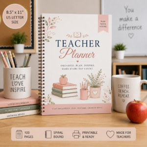 Teacher Planner Printable PDF featuring lesson planner, attendance tracker, grade tracker, assignment tracker, parent communication log, classroom checklist, and monthly reflection pages.