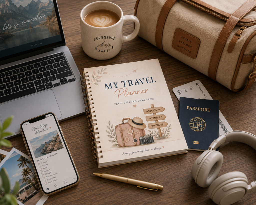 Travel Planner Printable PDF with trip itinerary, packing checklist, vacation budget tracker, travel expense log, accommodation planner, attractions planner, and travel journal pages.