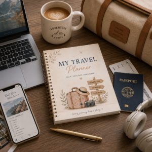 Travel Planner Printable PDF with trip itinerary, packing checklist, vacation budget tracker, travel expense log, accommodation planner, attractions planner, and travel journal pages.