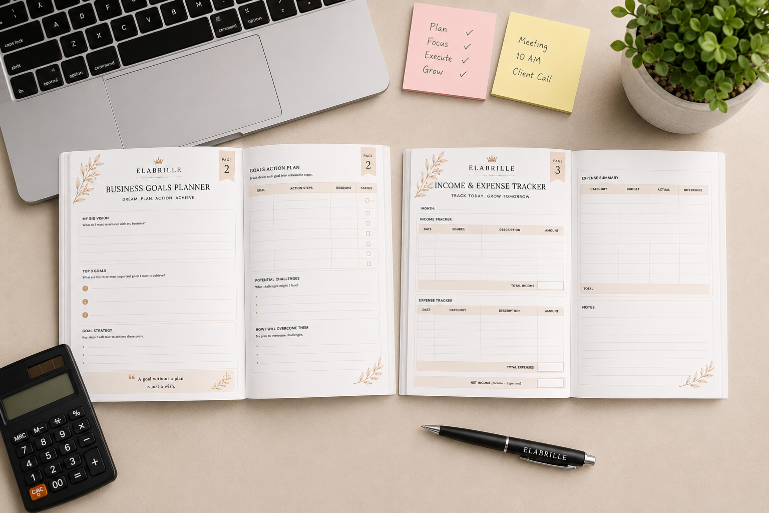 Business Planner Printable PDF featuring goal planner, project tracker, client management, income and expense tracker, marketing planner, and monthly business review pages.