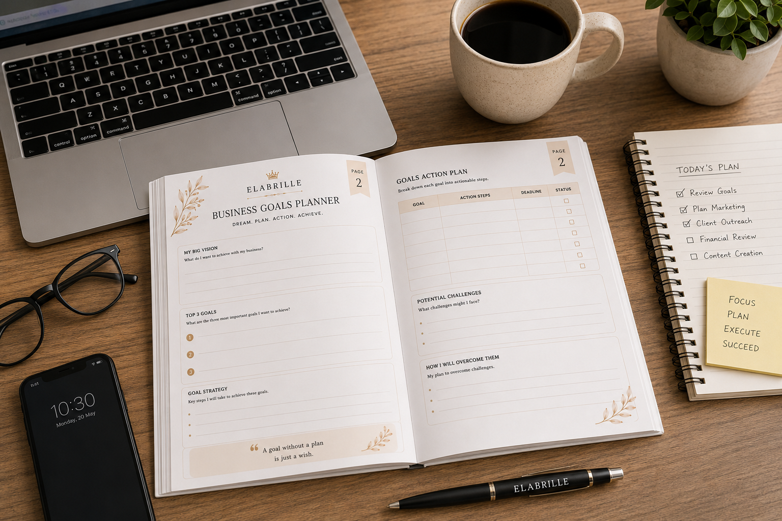 Business Planner Printable PDF featuring goal planner, project tracker, client management, income and expense tracker, marketing planner, and monthly business review pages.
