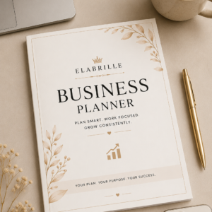 Business Planner Printable PDF featuring goal planner, project tracker, client management, income and expense tracker, marketing planner, and monthly business review pages.