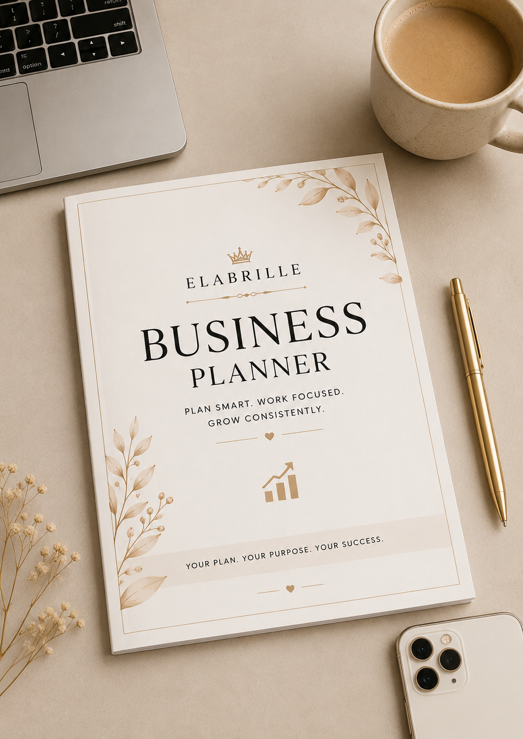 Business Planner Printable PDF featuring goal planner, project tracker, client management, income and expense tracker, marketing planner, and monthly business review pages.