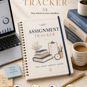 Assignment Tracker Printable PDF featuring assignment dashboard cards, deadline timeline, circular progress trackers, priority matrix, study session tracker, submission checklist, grades and feedback tracker, weekly reflection, and notes in an elegant minimalist academic design.