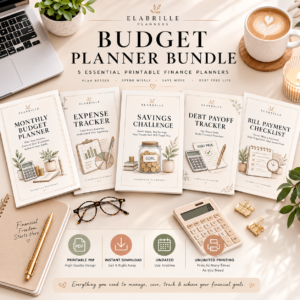 Budget Planner Bundle Printable PDF featuring five finance planning templates including a Monthly Budget Planner, Expense Tracker, Savings Challenge, Debt Payoff Tracker, and Bill Payment Checklist in an elegant minimalist design.