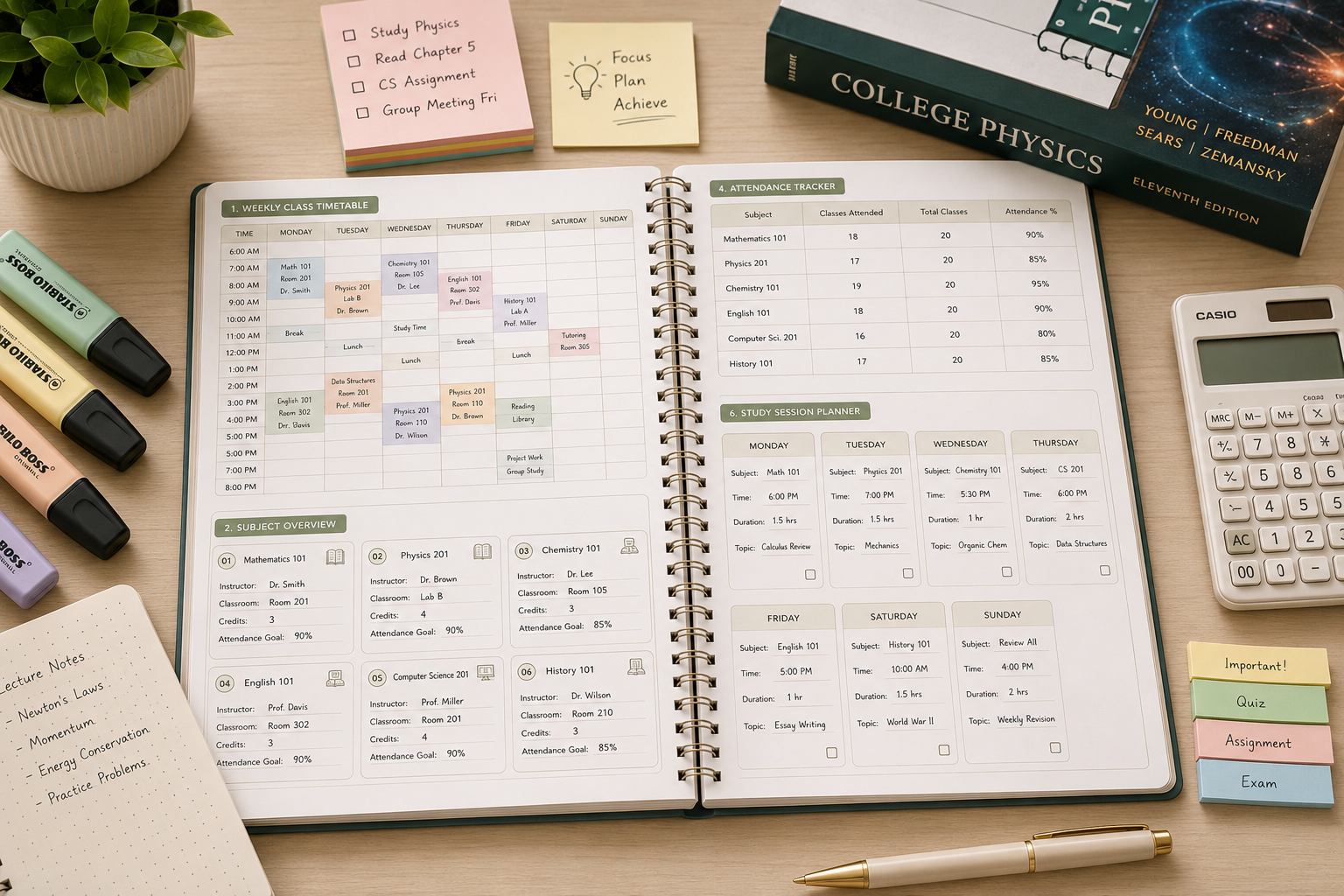 Class Schedule Planner Printable PDF featuring a weekly timetable, subject overview cards, assignment reminder, attendance tracker, study session planner, weekly goals, important dates, reflection section, and notes in an elegant minimalist academic design.
