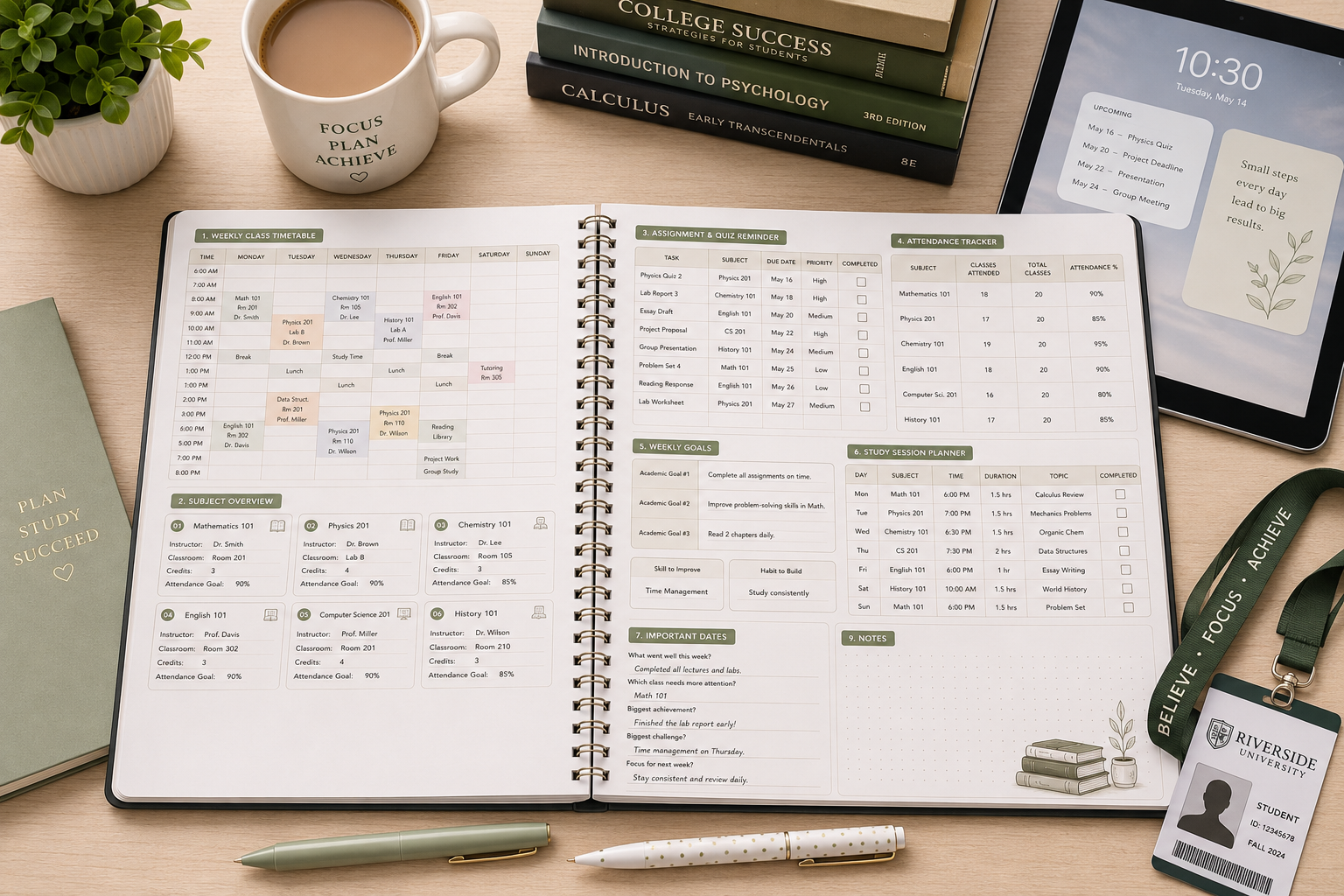 Class Schedule Planner Printable PDF featuring a weekly timetable, subject overview cards, assignment reminder, attendance tracker, study session planner, weekly goals, important dates, reflection section, and notes in an elegant minimalist academic design.