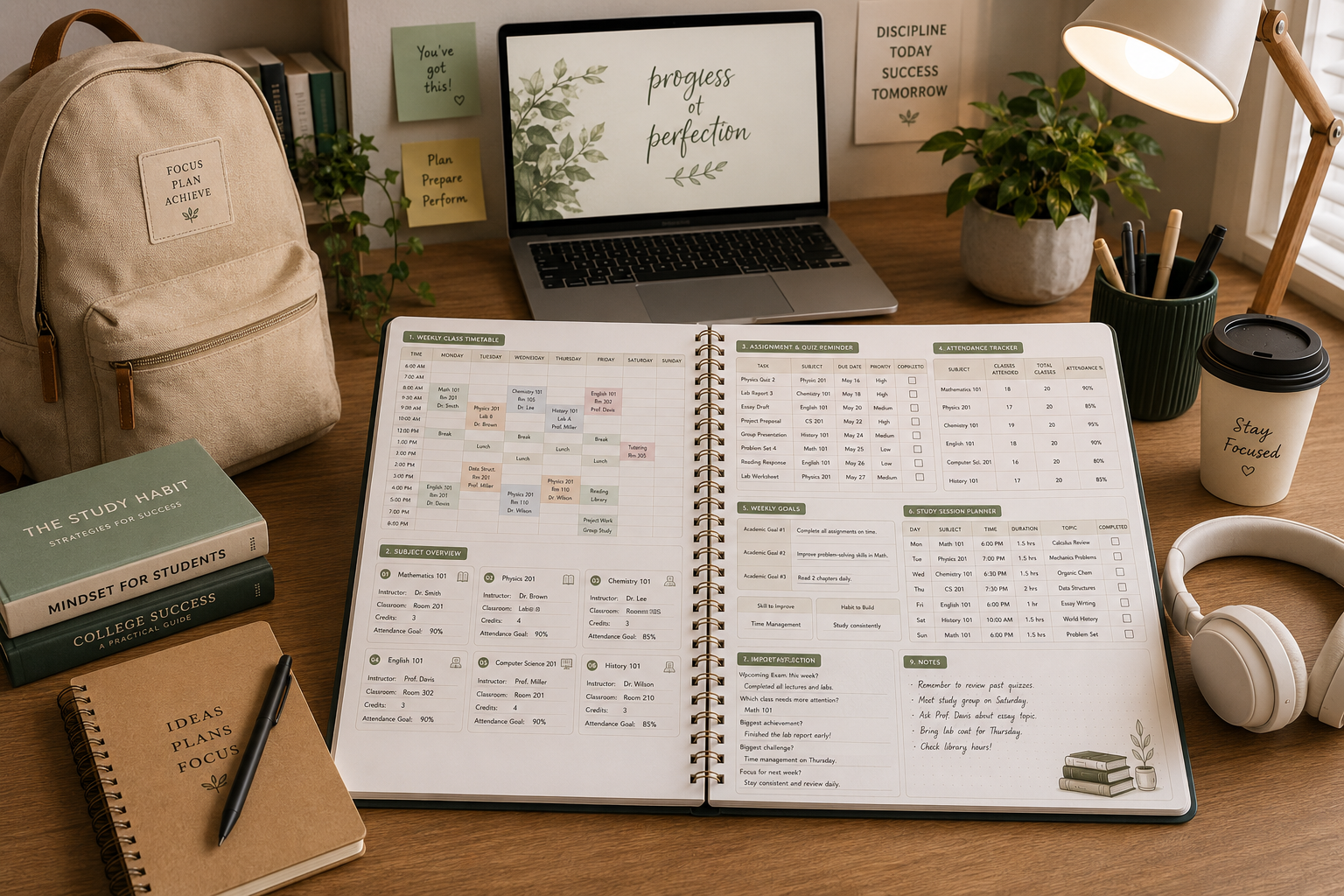 Class Schedule Planner Printable PDF featuring a weekly timetable, subject overview cards, assignment reminder, attendance tracker, study session planner, weekly goals, important dates, reflection section, and notes in an elegant minimalist academic design.