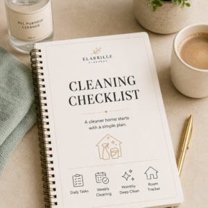 Cleaning Checklist Printable PDF featuring daily, weekly, and monthly cleaning checklists, room-by-room cleaning tracker, cleaning supplies checklist, and household notes in an elegant minimalist layout.