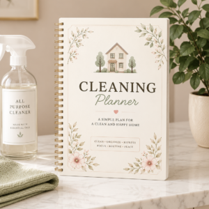 Cleaning Planner Printable PDF featuring daily cleaning checklist, weekly cleaning schedule, room cleaning tracker, cleaning supplies inventory, laundry planner, household maintenance log, and seasonal cleaning checklist pages.