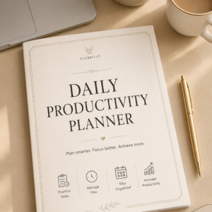 Daily Productivity Planner Printable PDF featuring top priorities, hourly schedule, task list, notes, daily reflection, mood tracker, and water intake tracker in an elegant minimalist layout.