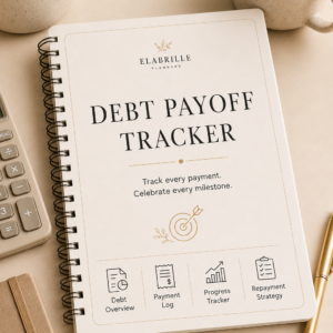 Debt Payoff Tracker Printable PDF featuring a debt overview table, loan repayment tracker, payment log, debt progress tracker, monthly repayment summary, payoff strategy section, and milestone tracker in an elegant minimalist layout.