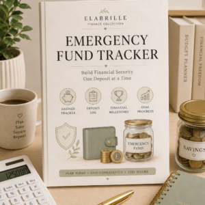 Emergency Fund Tracker Printable PDF featuring an emergency fund dashboard, visual savings progress tracker, deposit log, monthly savings overview, emergency fund calculator, motivation cards, financial milestones, next money goals section, and notes in an elegant minimalist finance design.