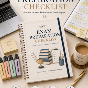 Exam Preparation Checklist Printable PDF featuring a subject preparation dashboard, revision roadmap, chapter checklist, mock test tracker, study session tracker, confidence meters, exam day checklist, weekly reflection, and notes in an elegant minimalist academic design.