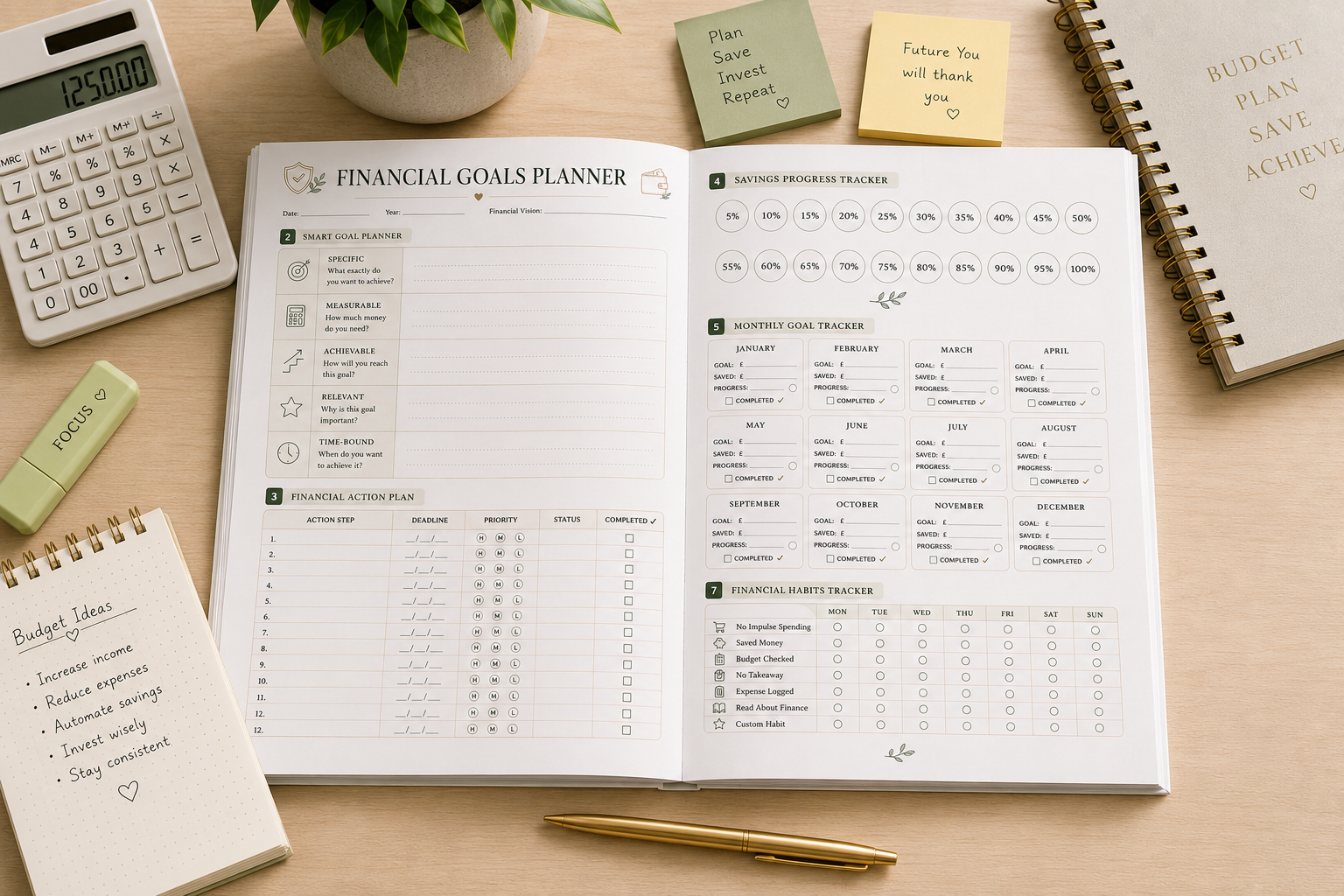 Financial Goals Planner Printable PDF featuring a financial goals dashboard, SMART goal worksheet, financial action plan, visual savings tracker, monthly goal tracker, income growth planner, financial habits tracker, milestone cards, future goals planner, and notes in an elegant minimalist finance design.