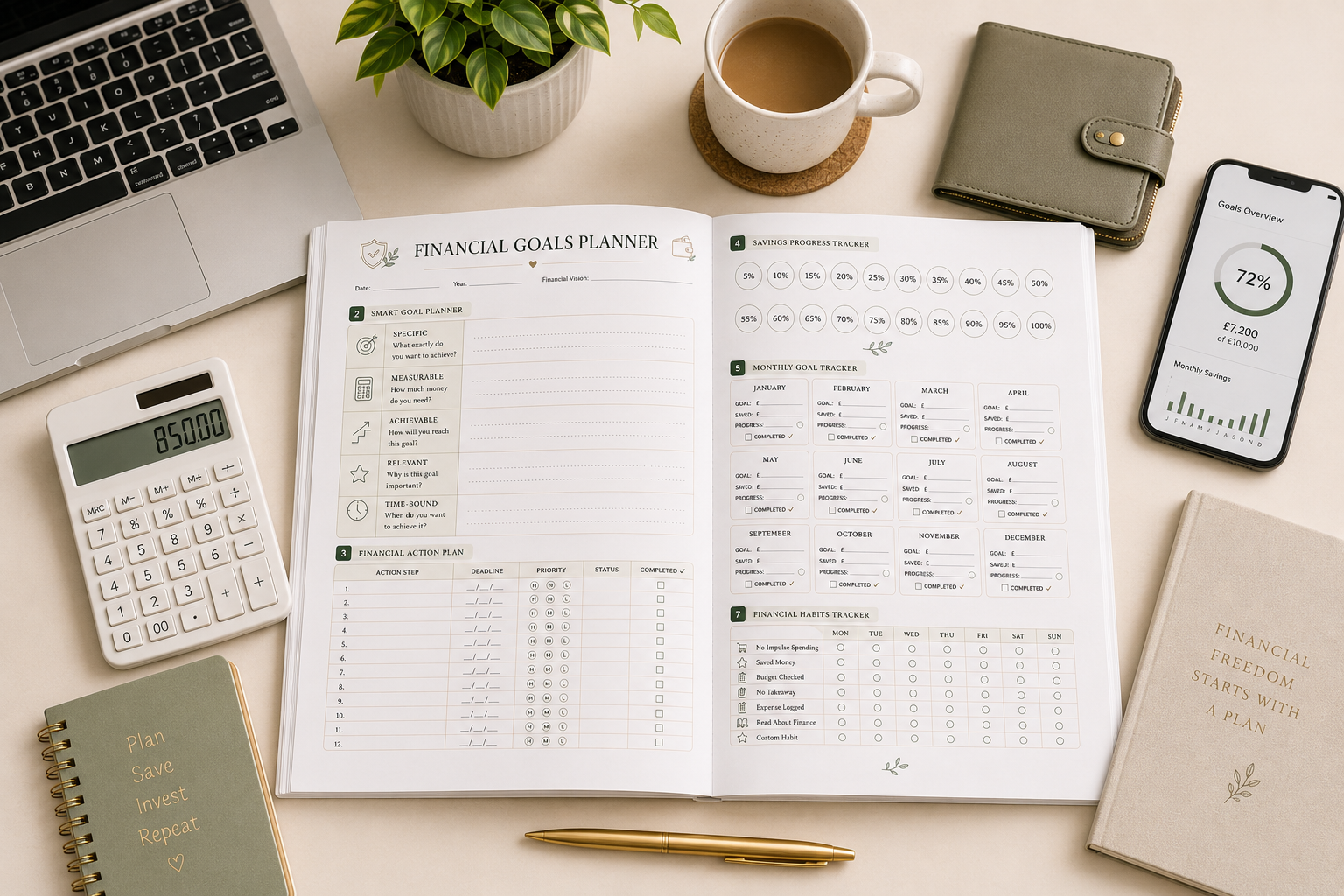 Financial Goals Planner Printable PDF featuring a financial goals dashboard, SMART goal worksheet, financial action plan, visual savings tracker, monthly goal tracker, income growth planner, financial habits tracker, milestone cards, future goals planner, and notes in an elegant minimalist finance design.