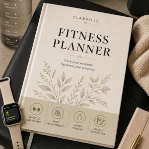 Fitness Planner Printable PDF featuring weekly workout cards, a circular workout wheel, body measurement tracker, water and nutrition tracker, personal best tracker, recovery tracker, weekly reflection, and motivation section in an elegant minimalist design.