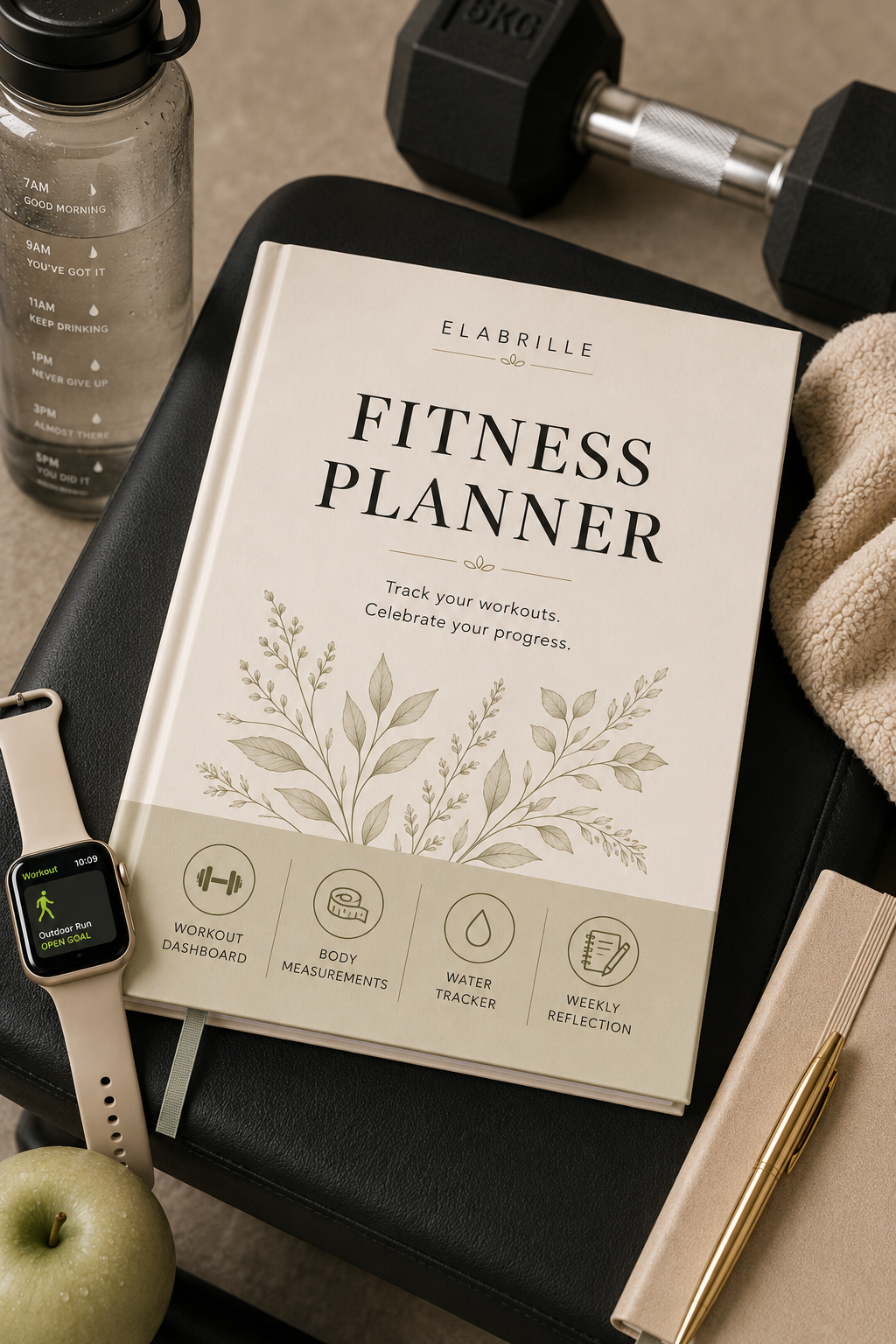 Fitness Planner Printable PDF featuring weekly workout cards, a circular workout wheel, body measurement tracker, water and nutrition tracker, personal best tracker, recovery tracker, weekly reflection, and motivation section in an elegant minimalist design.