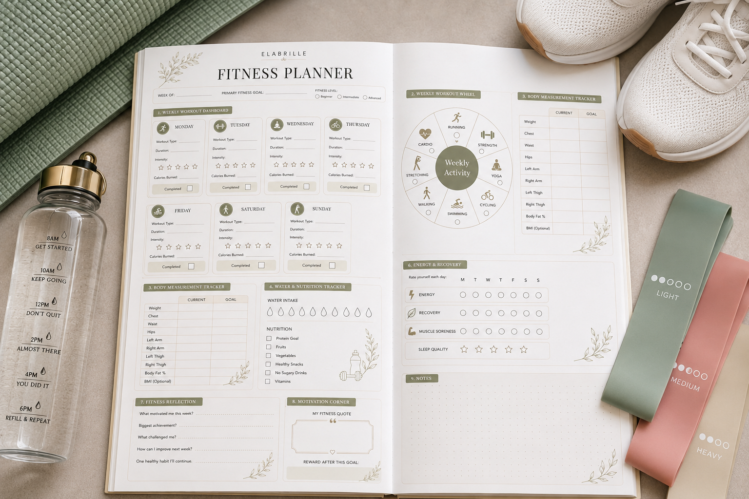 Fitness Planner Printable PDF featuring weekly workout cards, a circular workout wheel, body measurement tracker, water and nutrition tracker, personal best tracker, recovery tracker, weekly reflection, and motivation section in an elegant minimalist design.