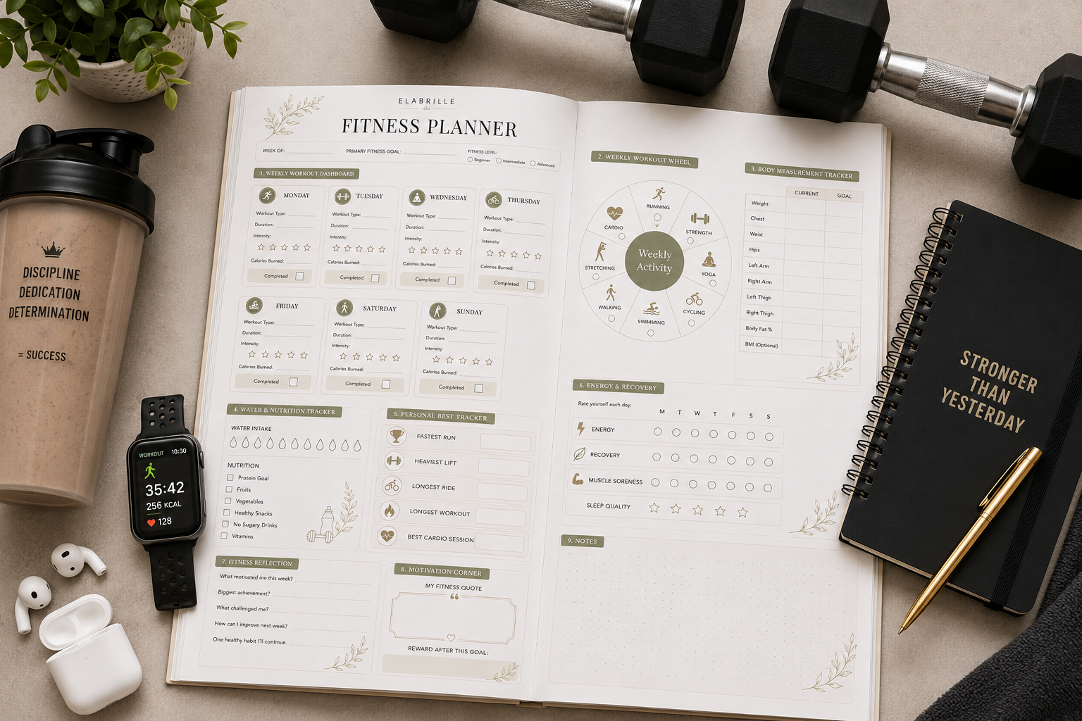 Fitness Planner Printable PDF featuring weekly workout cards, a circular workout wheel, body measurement tracker, water and nutrition tracker, personal best tracker, recovery tracker, weekly reflection, and motivation section in an elegant minimalist design.
