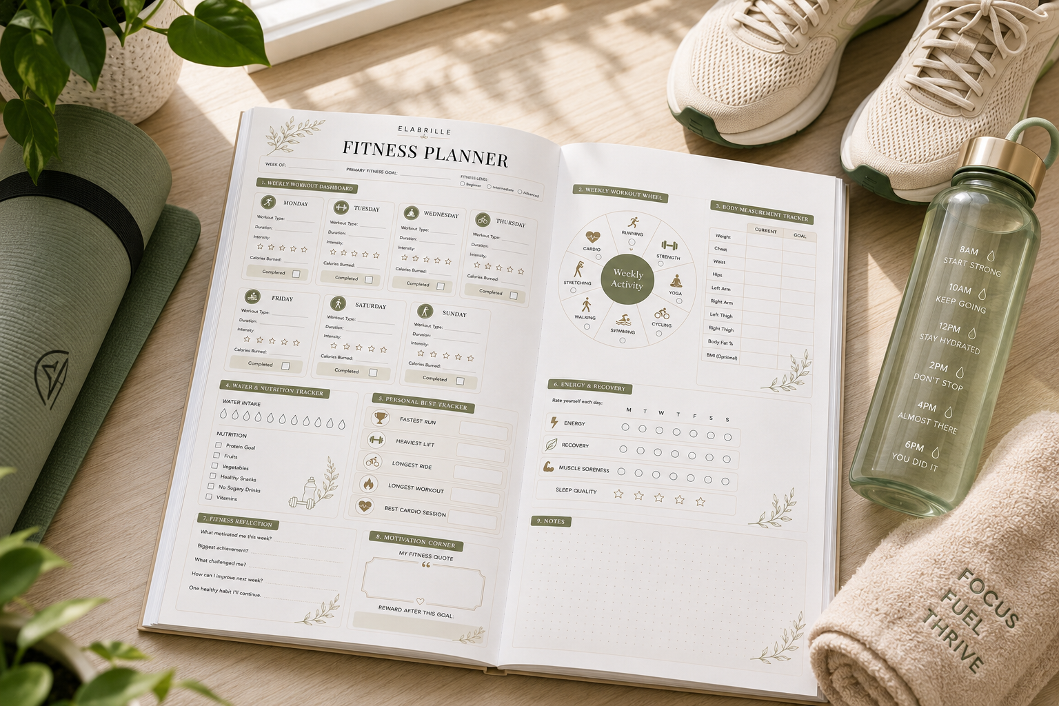 Fitness Planner Printable PDF featuring weekly workout cards, a circular workout wheel, body measurement tracker, water and nutrition tracker, personal best tracker, recovery tracker, weekly reflection, and motivation section in an elegant minimalist design.