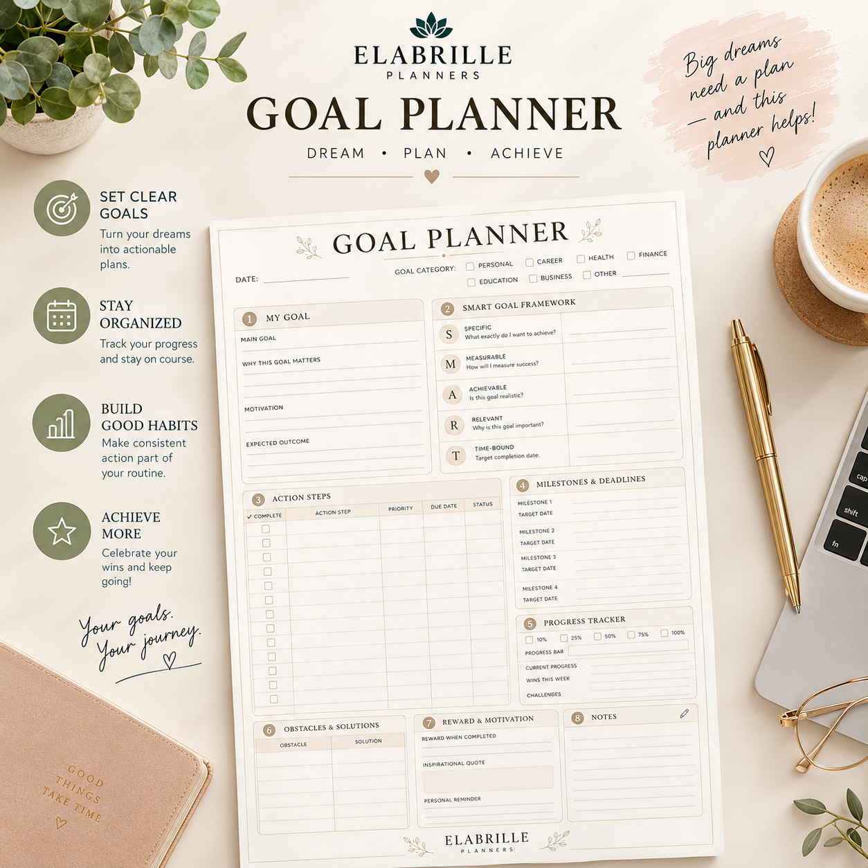 Goal Planner Printable | Goal Setting, Action Plan & Progress Tracker PDF