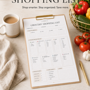 Grocery Shopping List Printable PDF featuring categorized grocery sections, meal planning reference, budget tracker, store checklist, and notes in an elegant minimalist layout.