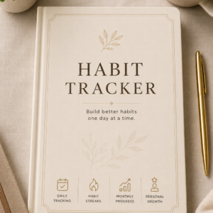 Habit Tracker Printable PDF featuring a monthly habit tracking grid, water intake tracker, exercise tracker, reading tracker, sleep tracker, habit streak tracker, monthly progress section, and reflection pages in an elegant minimalist layout.