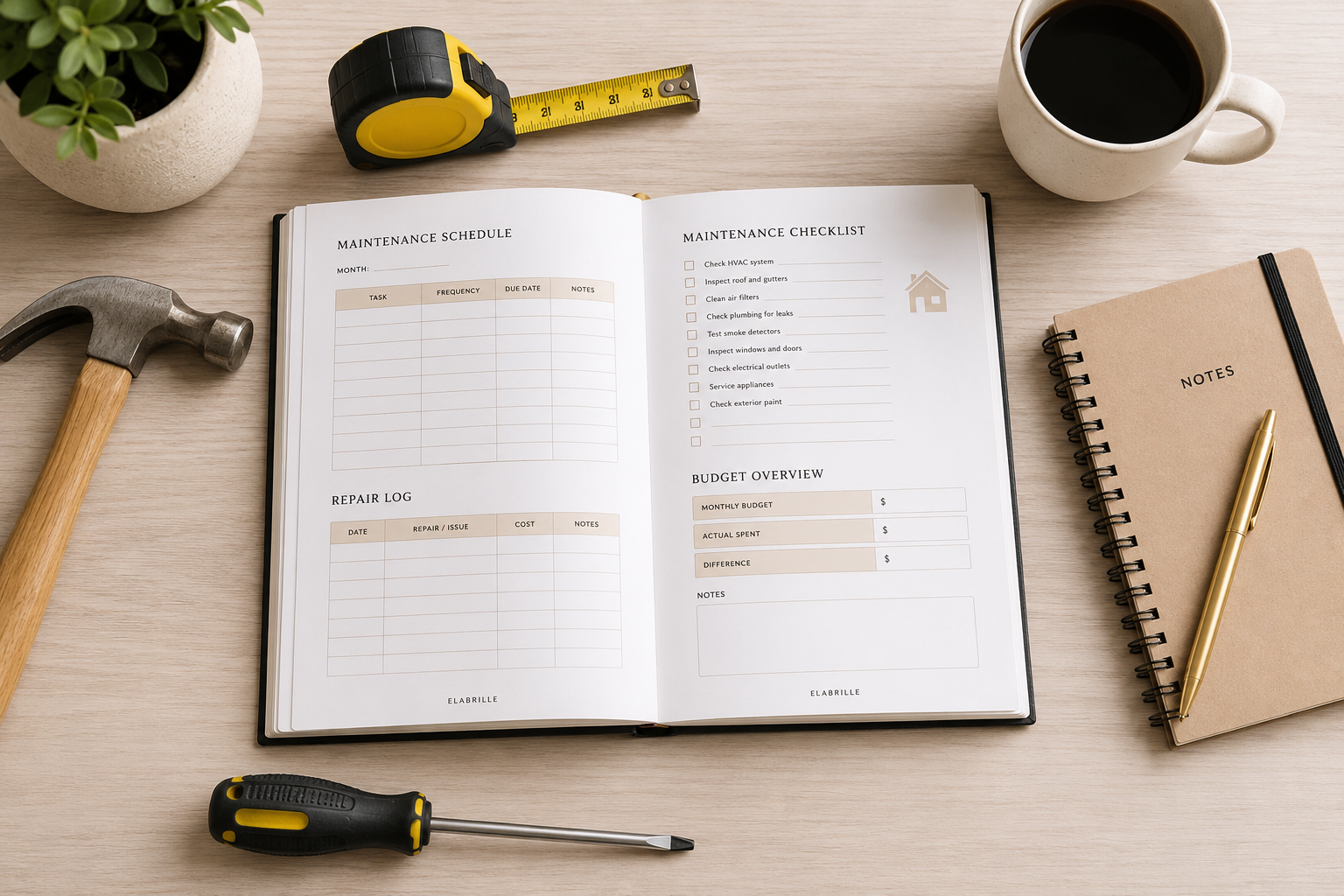 Home Maintenance Planner Printable PDF featuring a maintenance schedule, repair log, maintenance checklist, budget tracker, warranty and service tracker, monthly review, and notes section in an elegant minimalist design.