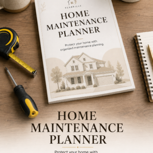 Home Maintenance Planner Printable PDF featuring a maintenance schedule, repair log, maintenance checklist, budget tracker, warranty and service tracker, monthly review, and notes section in an elegant minimalist design.