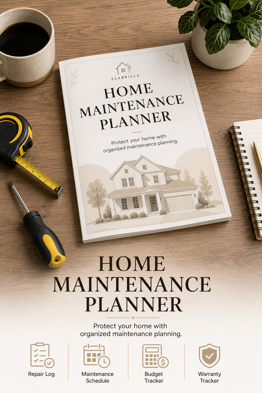 Home Maintenance Planner Printable PDF featuring a maintenance schedule, repair log, maintenance checklist, budget tracker, warranty and service tracker, monthly review, and notes section in an elegant minimalist design.