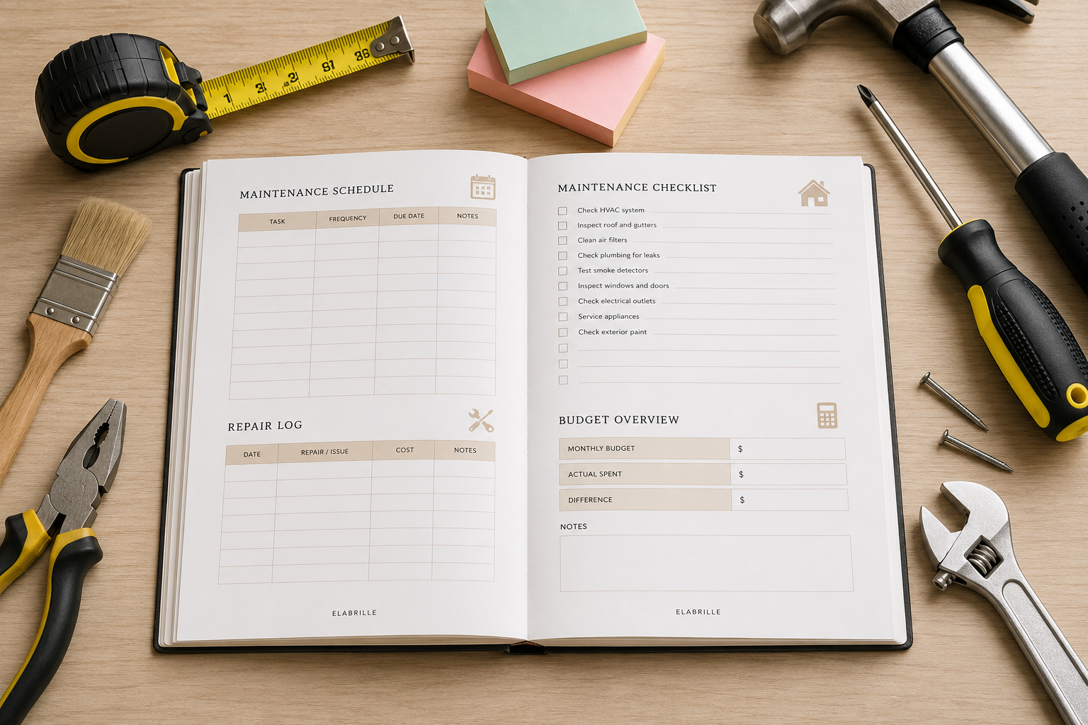 Home Maintenance Planner Printable PDF featuring a maintenance schedule, repair log, maintenance checklist, budget tracker, warranty and service tracker, monthly review, and notes section in an elegant minimalist design.