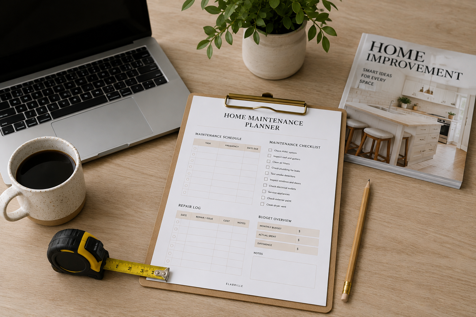 Home Maintenance Planner Printable PDF featuring a maintenance schedule, repair log, maintenance checklist, budget tracker, warranty and service tracker, monthly review, and notes section in an elegant minimalist design.