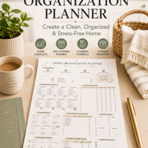 Home Organization Planner Printable PDF featuring a home dashboard, room organization checklist, decluttering planner, storage inventory, household maintenance tracker, cleaning schedule, home project planner, supplies tracker, weekly goals, and notes in an elegant minimalist design.