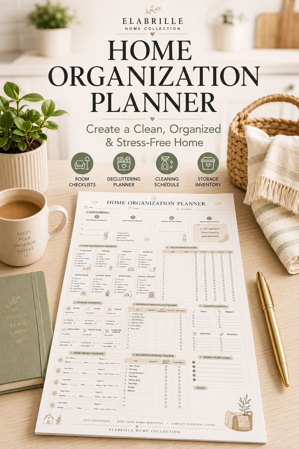 Home Organization Planner Printable PDF featuring a home dashboard, room organization checklist, decluttering planner, storage inventory, household maintenance tracker, cleaning schedule, home project planner, supplies tracker, weekly goals, and notes in an elegant minimalist design.