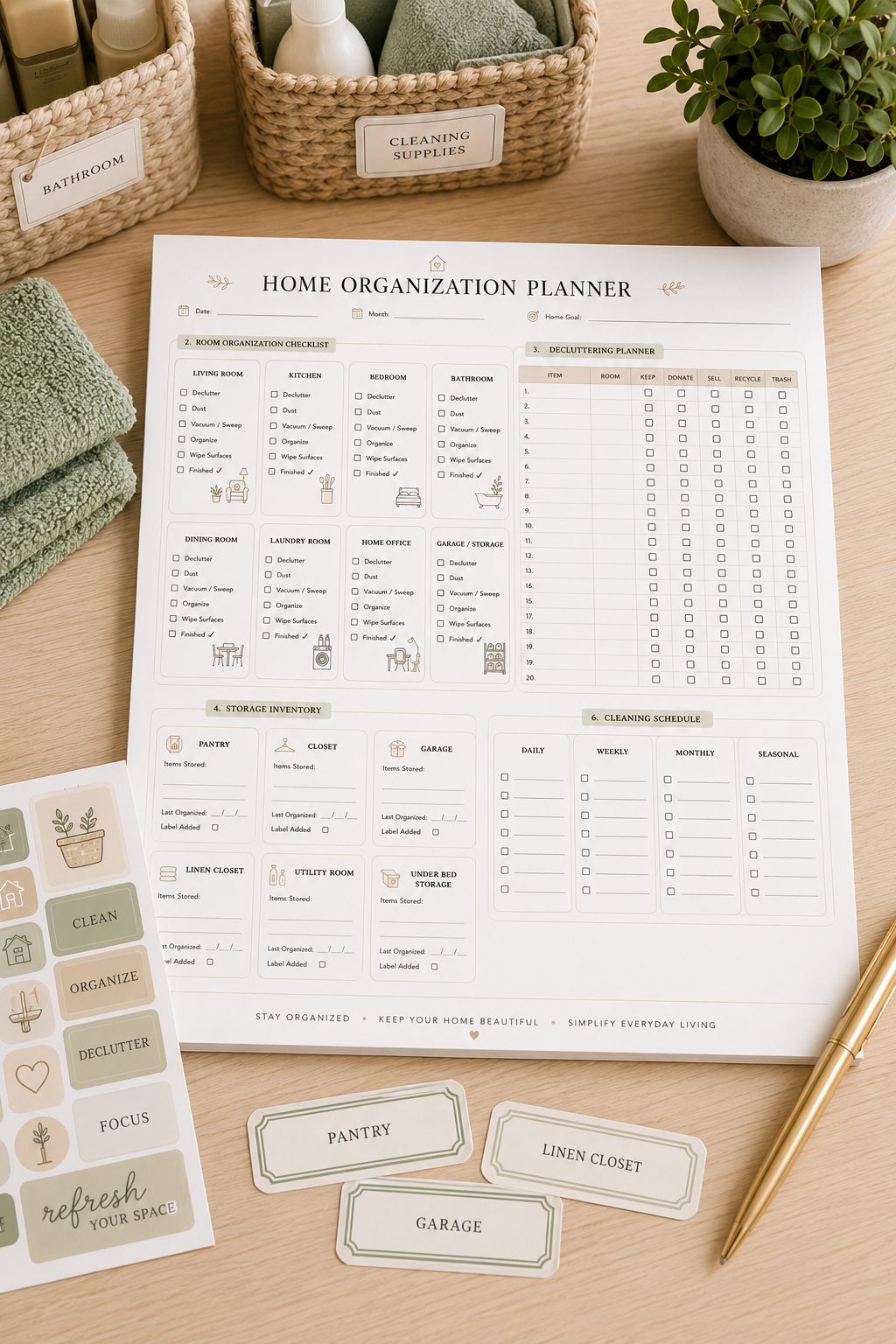 Home Organization Planner Printable PDF featuring a home dashboard, room organization checklist, decluttering planner, storage inventory, household maintenance tracker, cleaning schedule, home project planner, supplies tracker, weekly goals, and notes in an elegant minimalist design.