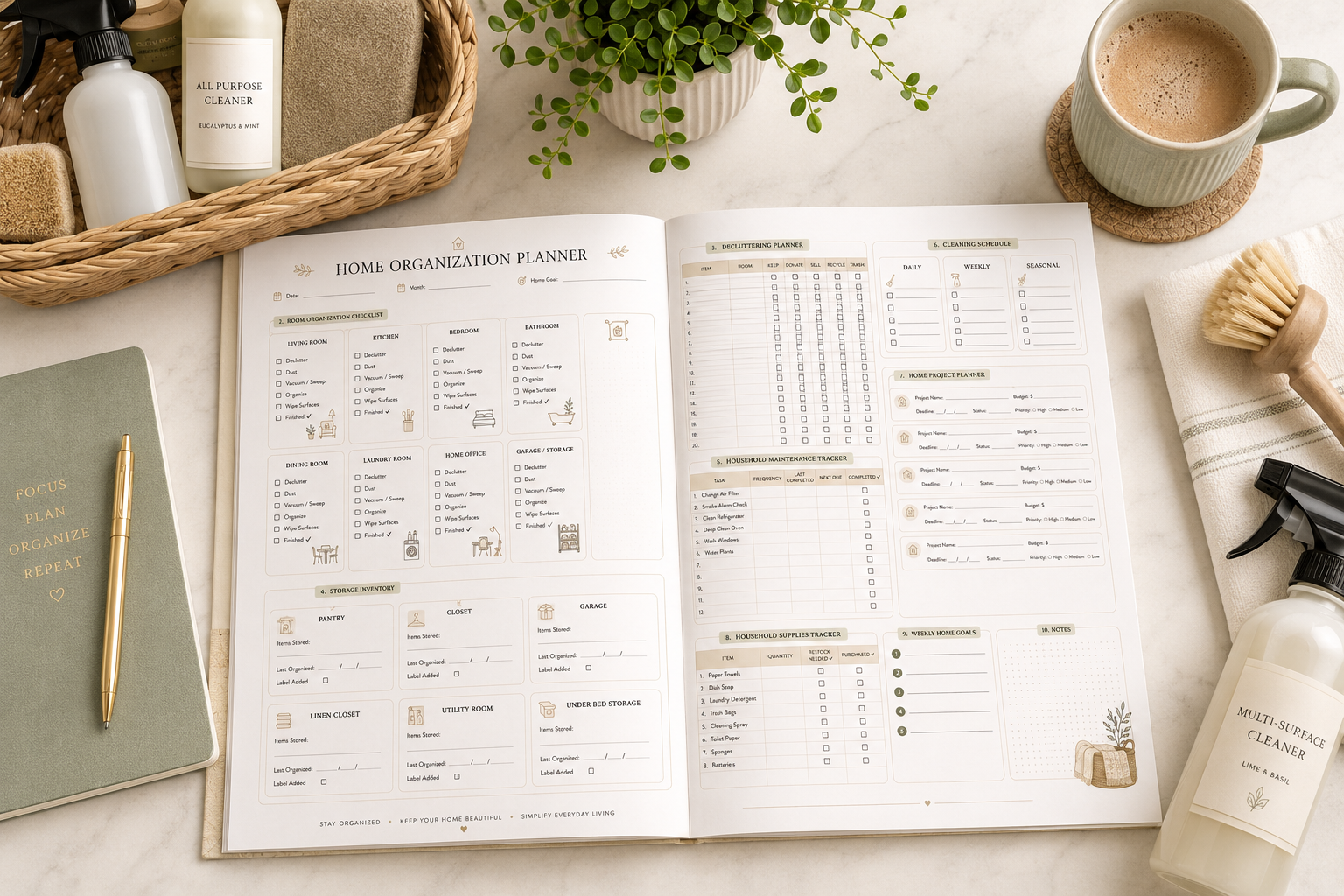 Home Organization Planner Printable PDF featuring a home dashboard, room organization checklist, decluttering planner, storage inventory, household maintenance tracker, cleaning schedule, home project planner, supplies tracker, weekly goals, and notes in an elegant minimalist design.