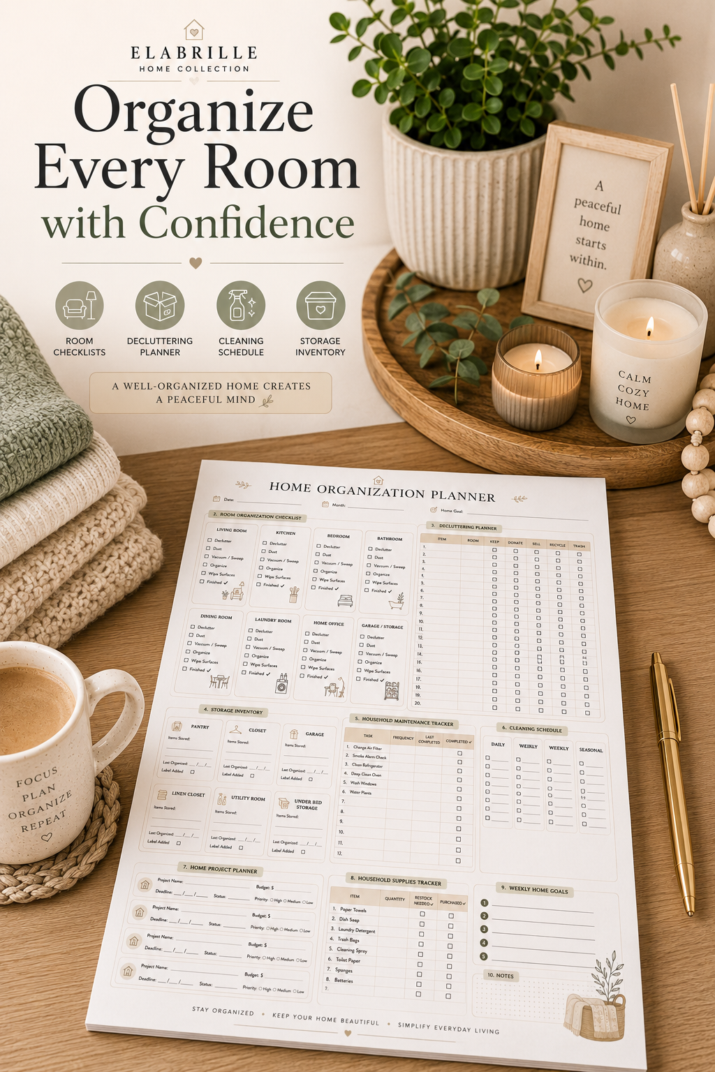 Home Organization Planner Printable PDF featuring a home dashboard, room organization checklist, decluttering planner, storage inventory, household maintenance tracker, cleaning schedule, home project planner, supplies tracker, weekly goals, and notes in an elegant minimalist design.