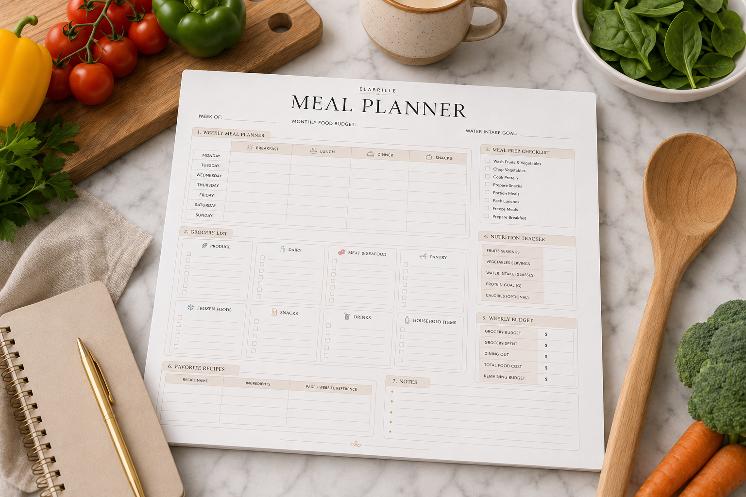 Meal Planner Printable PDF featuring a weekly meal schedule, categorized grocery list, meal prep checklist, nutrition tracker, weekly food budget, favorite recipes, and notes in an elegant minimalist layout.