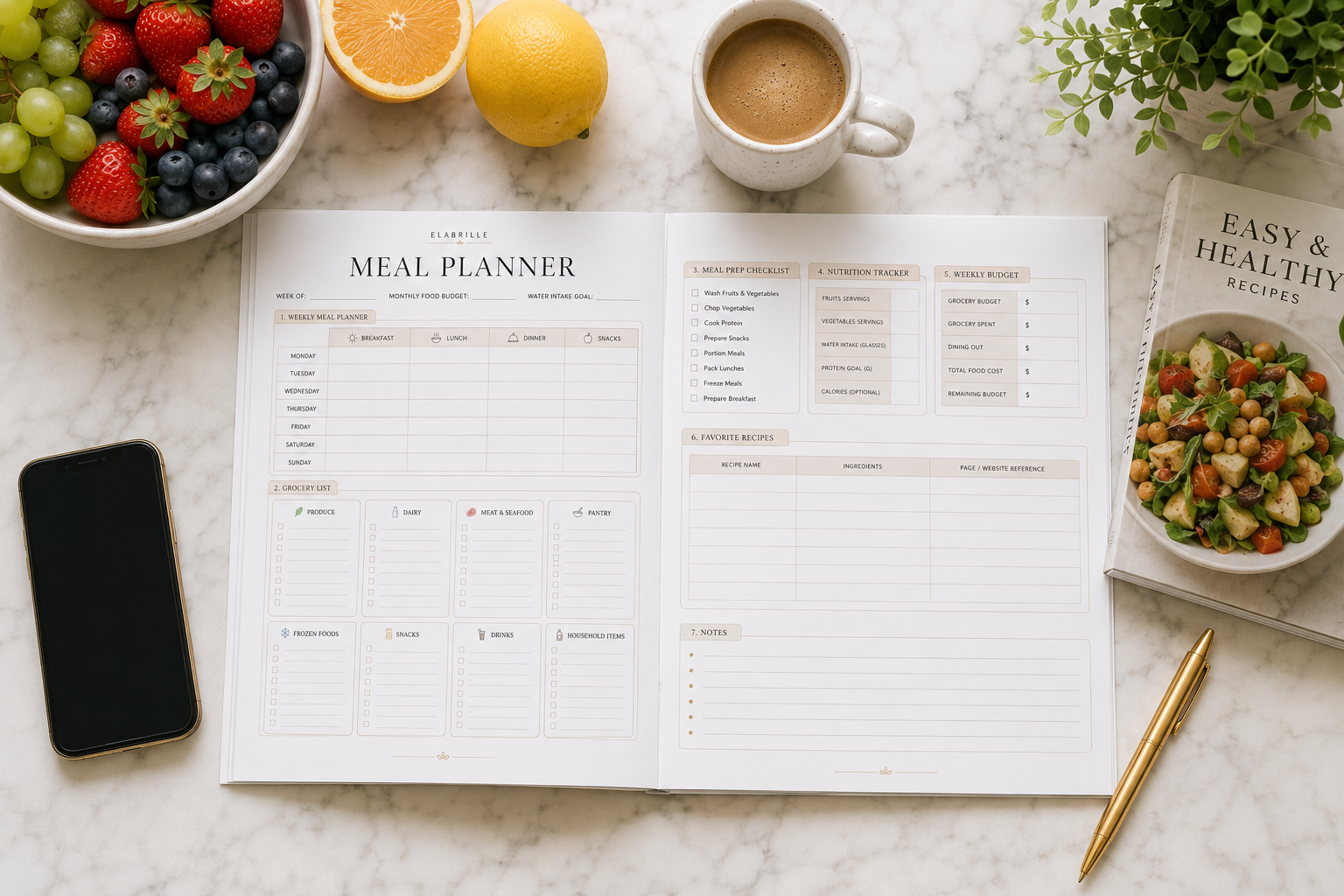 Meal Planner Printable PDF featuring a weekly meal schedule, categorized grocery list, meal prep checklist, nutrition tracker, weekly food budget, favorite recipes, and notes in an elegant minimalist layout.