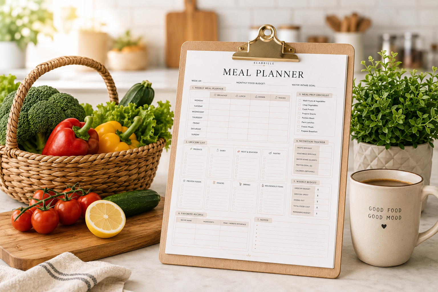 Meal Planner Printable PDF featuring a weekly meal schedule, categorized grocery list, meal prep checklist, nutrition tracker, weekly food budget, favorite recipes, and notes in an elegant minimalist layout.