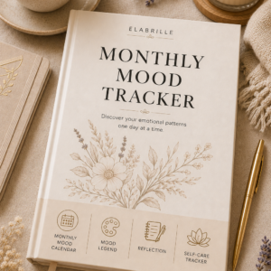Monthly Mood Tracker Printable PDF featuring a mandala-style circular monthly mood calendar, color-coded mood legend, self-care tracker, energy tracker, sleep summary, monthly reflection, positive affirmation, and notes in an elegant minimalist layout.