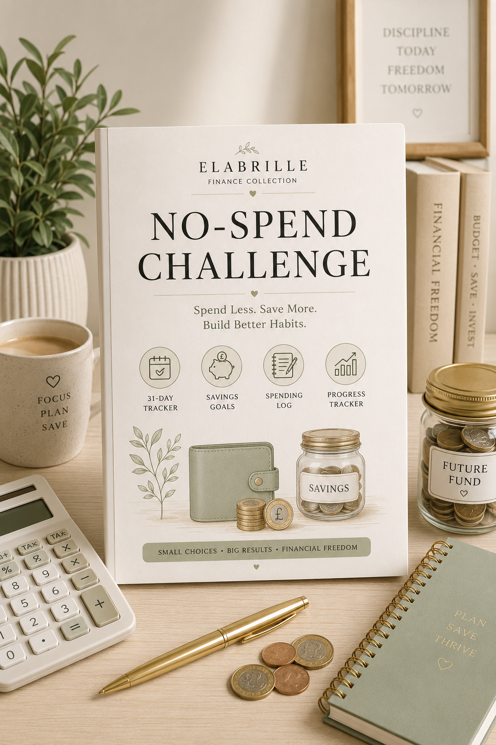 No-Spend Challenge Printable PDF featuring a challenge dashboard, no-spend rules checklist, 31-day daily tracker, spending temptation log, savings milestone trackers, weekly reflections, money saved summary, challenge wins checklist, financial goal planner, and notes in an elegant minimalist finance design.