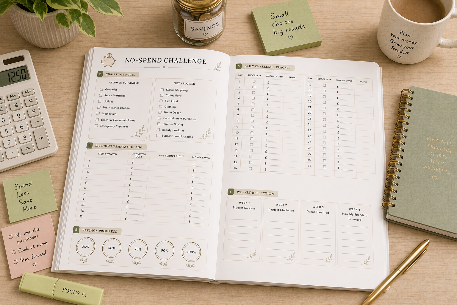No-Spend Challenge Printable PDF featuring a challenge dashboard, no-spend rules checklist, 31-day daily tracker, spending temptation log, savings milestone trackers, weekly reflections, money saved summary, challenge wins checklist, financial goal planner, and notes in an elegant minimalist finance design.