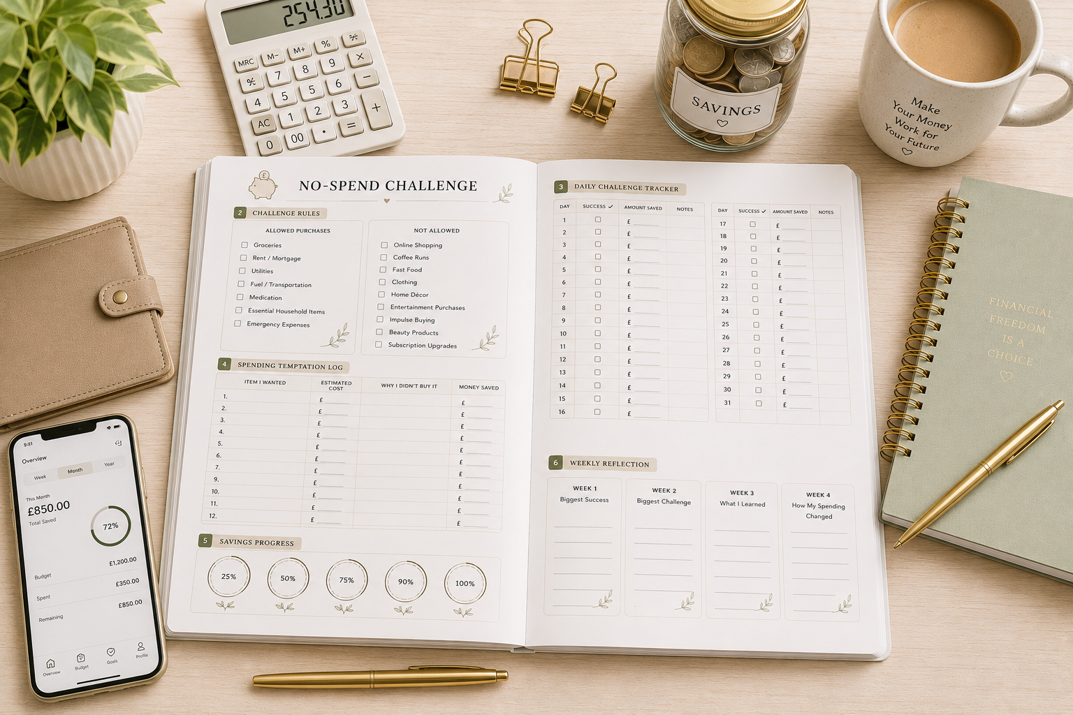 No-Spend Challenge Printable PDF featuring a challenge dashboard, no-spend rules checklist, 31-day daily tracker, spending temptation log, savings milestone trackers, weekly reflections, money saved summary, challenge wins checklist, financial goal planner, and notes in an elegant minimalist finance design.